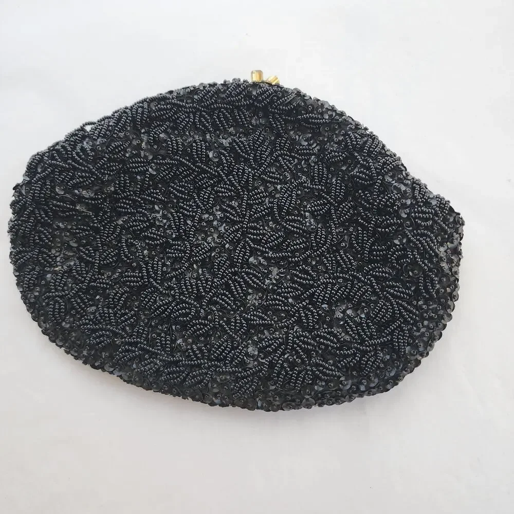 All Over Beaded Clutch Evening Bag Black Satin Vintage Handmade‎ In Hong Kong